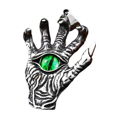 Hand of Fatima Pendant with Green Evil Eye, Stainless Steel
