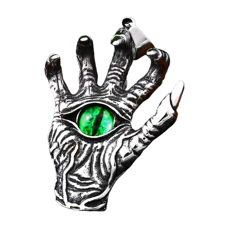 Pendentif Main de Fatma avec Œil Mauvais Vert, Acier Inoxydable