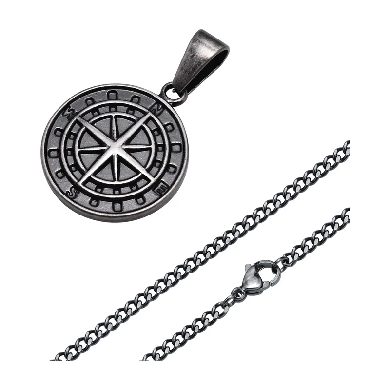 Collana con Pendente a Bussola e Catena, Acciaio Inossidabile