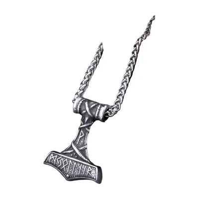 Thor's Hammer Mjolnir Pendant with Norse Runes, Stainless Steel
