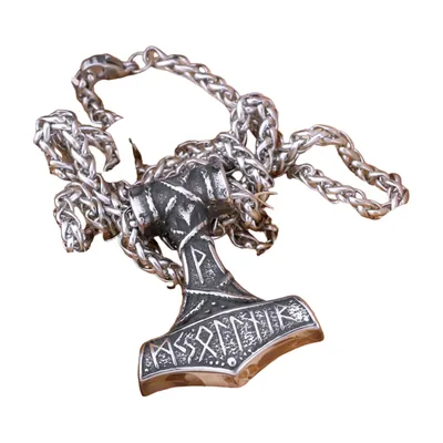 Thor's Hammer Mjolnir Pendant with Rune Chain, Stainless Steel