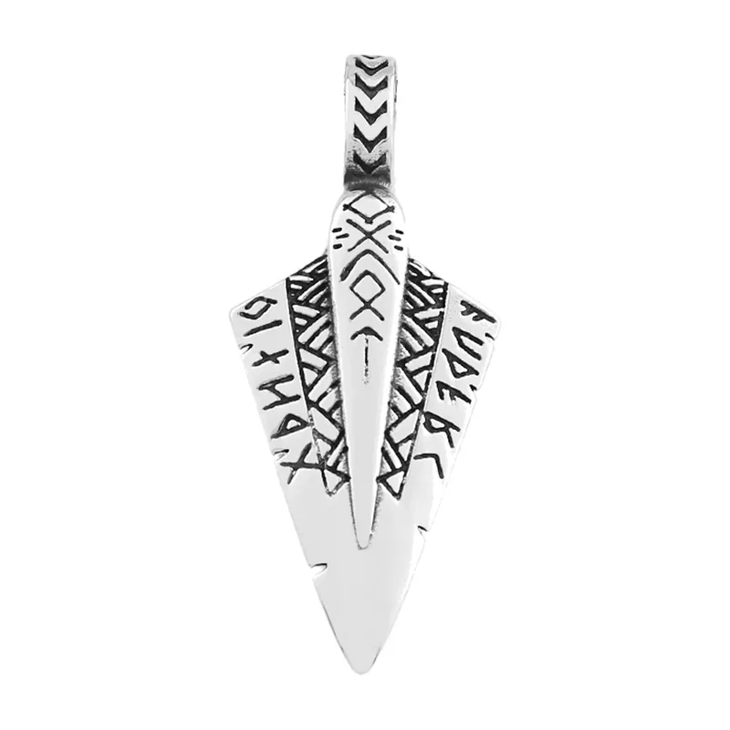Collier Pendentif Pointe de Flèche avec Runes d'Odin, Acier Inoxydable