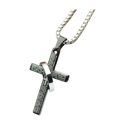 Collana con Pendente a Croce Incisa, Acciaio Inossidabile