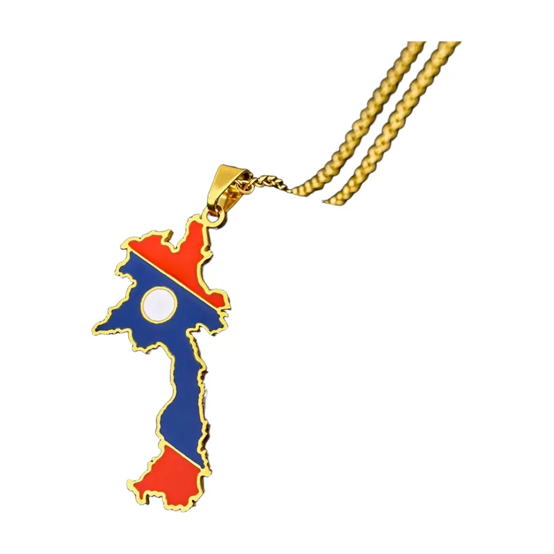 Collier Pendentif Carte du Laos avec Émail, Acier Inoxydable