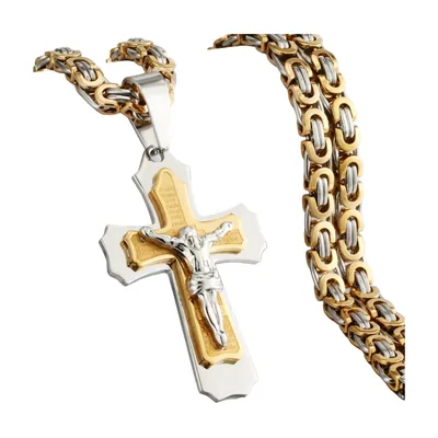 Pendentif Croix Crucifixe avec Chaîne Byzantine, Acier Inoxydable