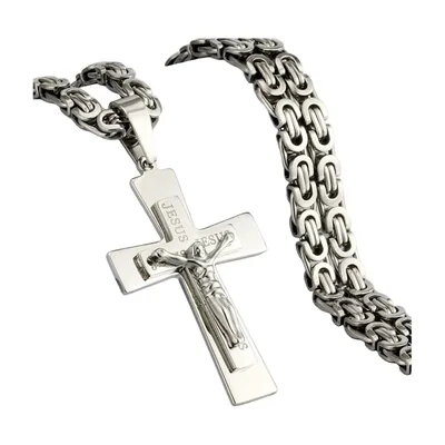 Pendentif Crucifix avec Chaîne Byzantine, Acier Inoxydable