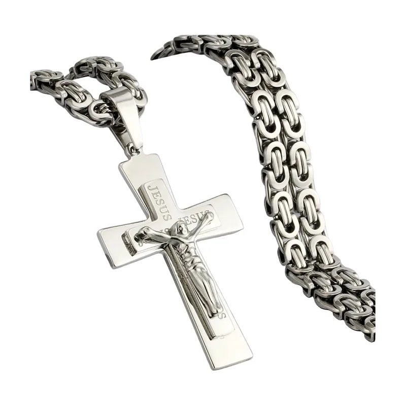 Pendentif Crucifix avec Chaîne Byzantine, Acier Inoxydable