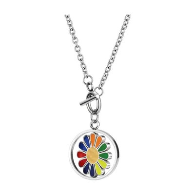 Collana con Pendente Fiore Rotante e Pietre Multicolore, Acciaio Inossidabile