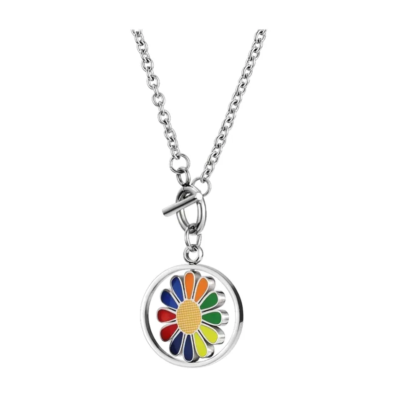 Collier avec Pendentif Fleur Rotatif et Pierres Multicolores, Acier Inoxydable