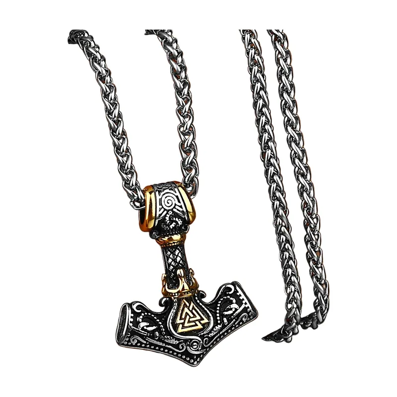 Collier Mjölnir Marteau de Thor avec Runes Nordiques, Acier Inoxydable