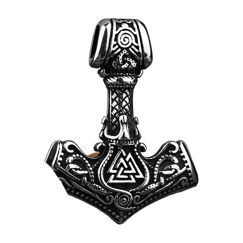 Mjölnir Hammer Anhänger mit Valknut Symbol, Edelstahl