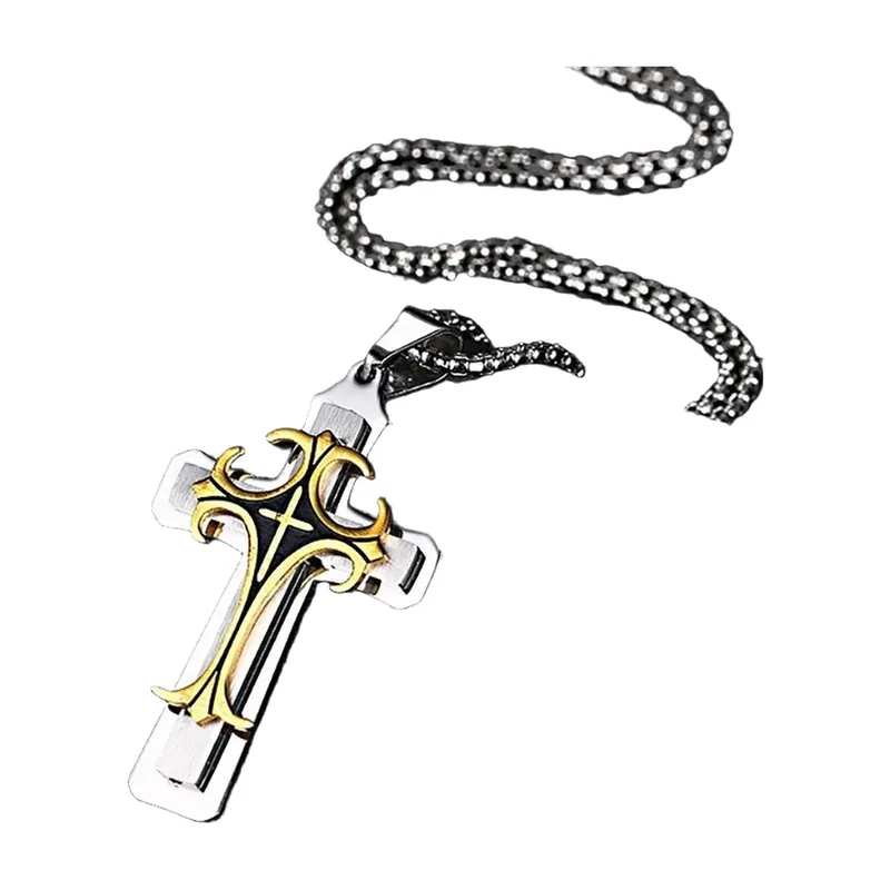 Collier Croix avec Chaîne Byzantine, Acier Inoxydable