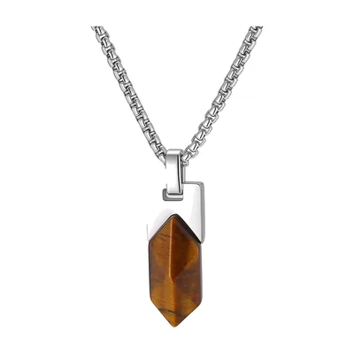 Geometric Tiger's Eye and Sodalite Pendant Necklace, Stainless Steel