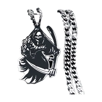 Collier Pendentif Grim Reaper et Chaîne Gourmette, Acier Inoxydable