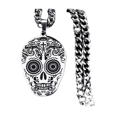 Colgante de Calavera de Azúcar con Cadena Curb, Acero Inoxidable