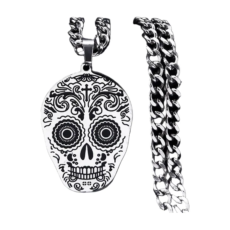 Sugar Skull Anhänger mit Panzerkette, Edelstahl