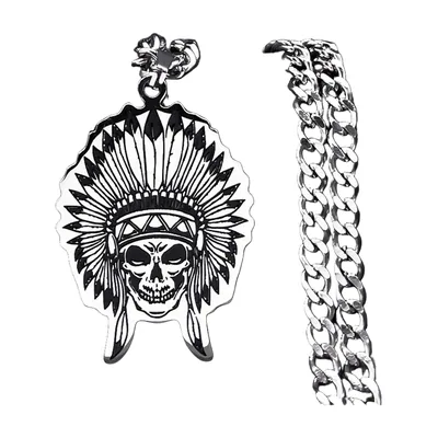 Colgante de Calavera con Tocado Nativo Americano, Acero Inoxidable