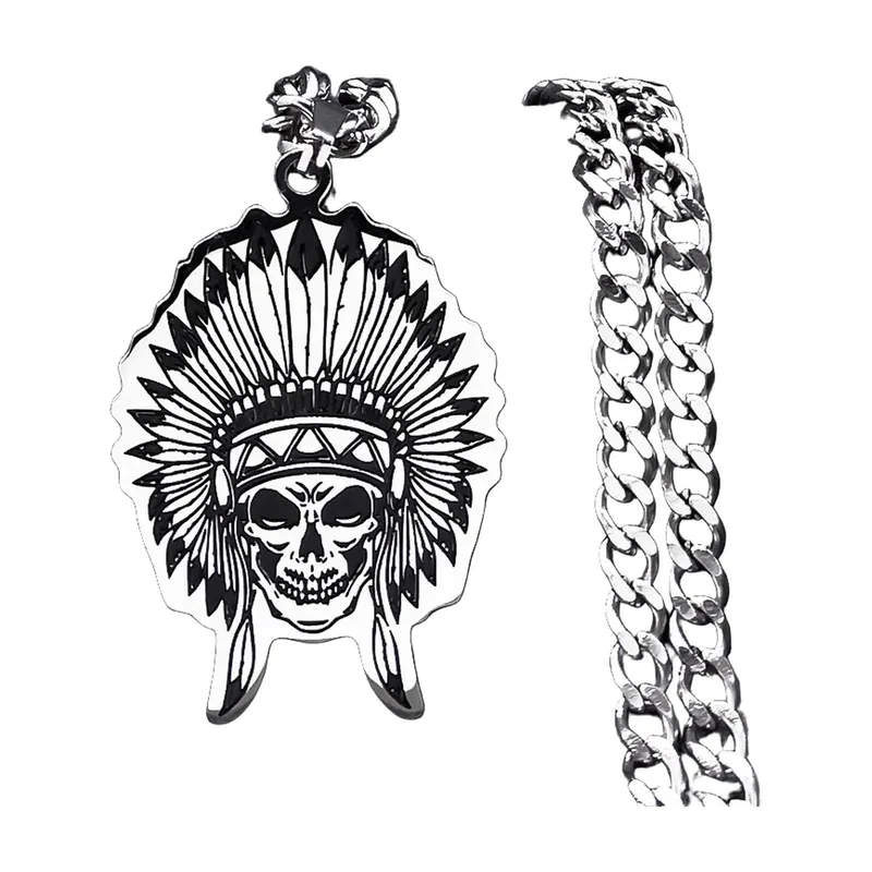 Colgante de Calavera con Tocado Nativo Americano, Acero Inoxidable