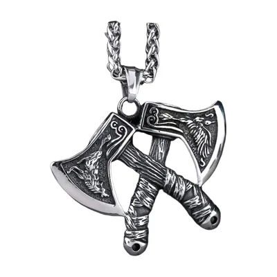 Viking Double Axe Pendant with Wolf and Eagle, Stainless Steel