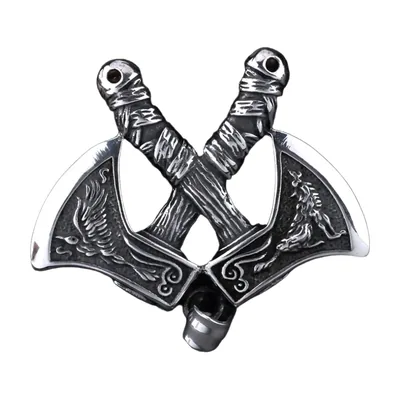 Viking Double Axe Pendant with Wolf and Eagle, Stainless Steel