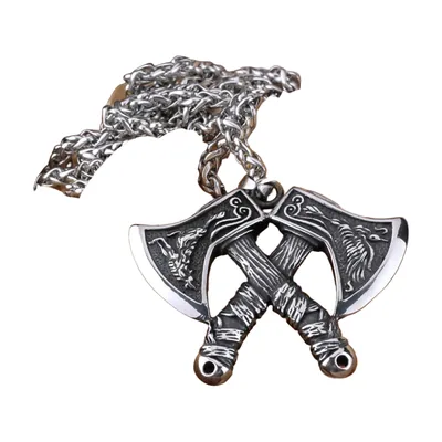 Viking Double Axe Pendant with Wolf and Eagle, Stainless Steel