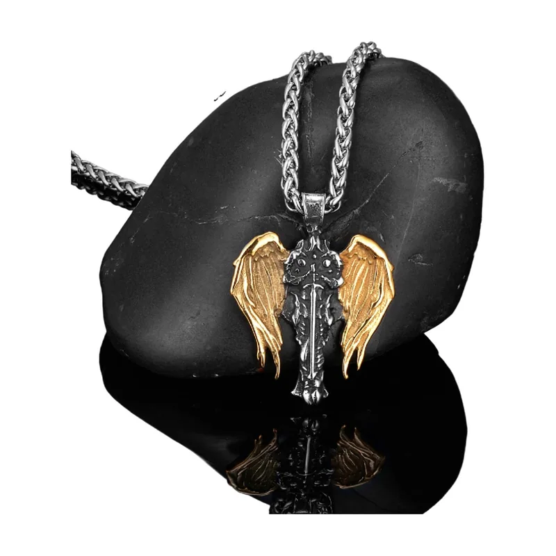 Pendentif Ailes d'Ange et Épée avec Chaîne, Acier Inoxydable