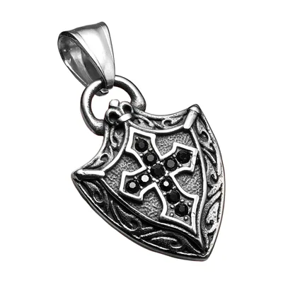 Pendente Scudo e Croce con Zirconia Neri, Acciaio Inossidabile