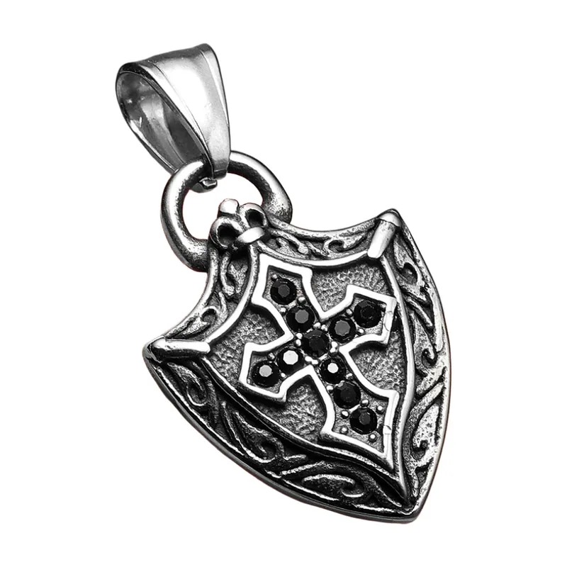 Pendente Scudo e Croce con Zirconia Neri, Acciaio Inossidabile