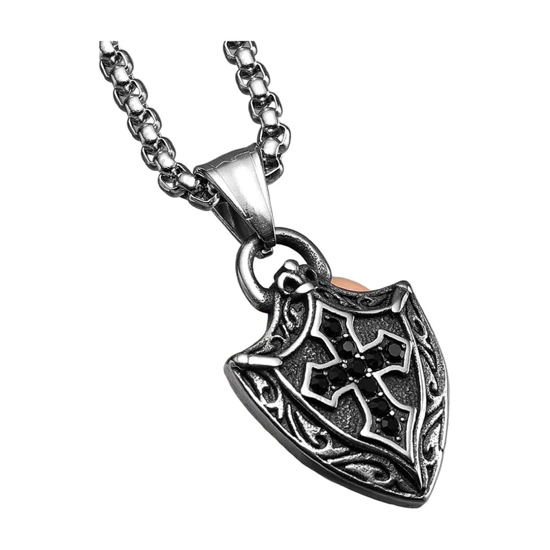 Pendente Scudo e Croce con Zirconia Neri, Acciaio Inossidabile