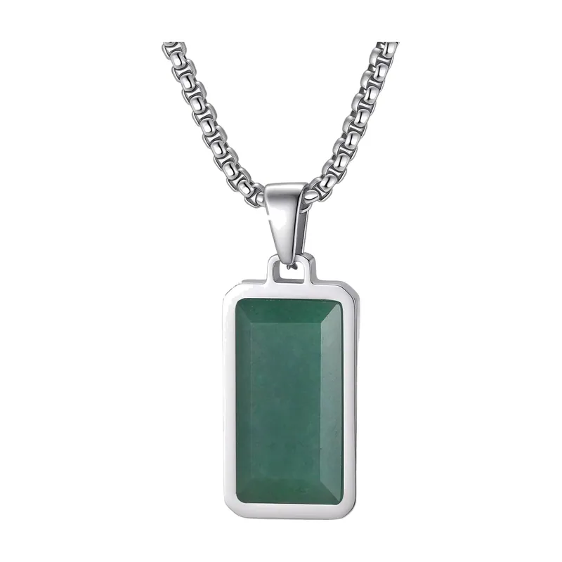 Rectangular Dongling Stone Pendant with Curb Chain, Stainless Steel
