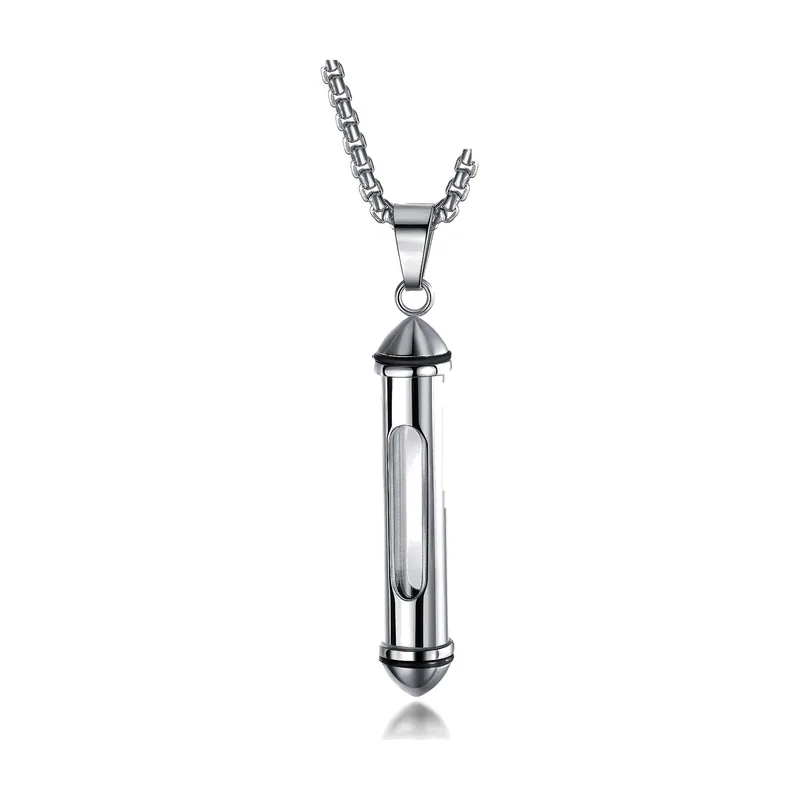Cylindrical Glass Urn Pendant with Curb Chain, Stainless Steel