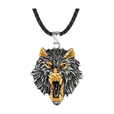 Wikinger Wolfskopf Anhänger mit geflochtener Kordel, Edelstahl