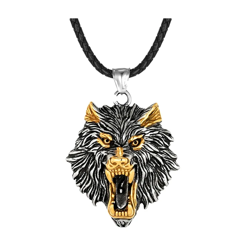 Collier Wolf Head Viking avec cordon tressé, acier inoxydable