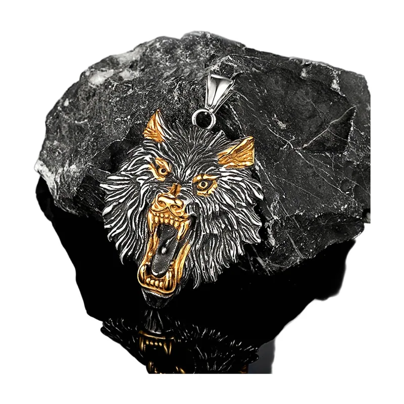 Wolfskopf Anhänger im nordischen Wikinger-Stil, Edelstahl