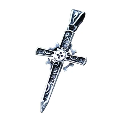 Pendentif Croix Gothique avec Motif Engrenage, Acier Inoxydable