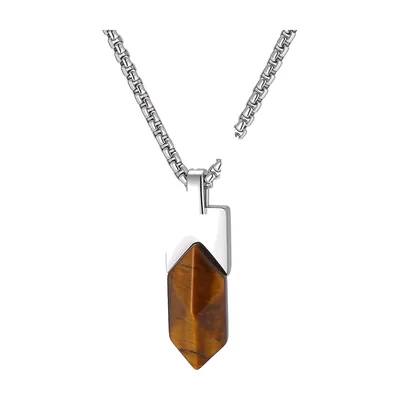 Geometric Pendant Necklace with Brown Stone, Stainless Steel
