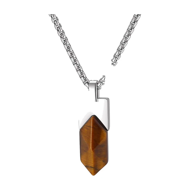 Collana con Pendente Geometrico e Pietra Marrone, Acciaio Inossidabile