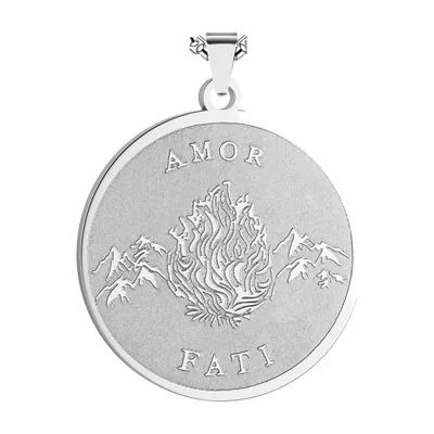 Amor Fati Medaillon mit Flammen- und Bergmotiv, Edelstahl