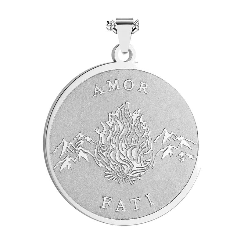 Amor Fati Medaillon mit Flammen- und Bergmotiv, Edelstahl