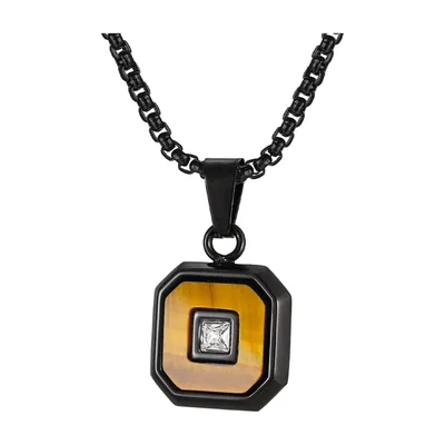 Quadratischer Anhänger mit braunem Stein und Zirkonia, Edelstahl