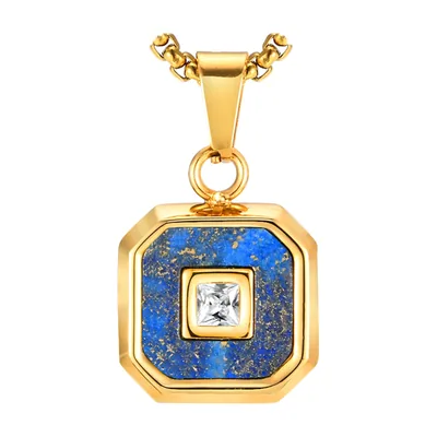 Quadratischer Anhänger mit blauem Stein und Zirkonia, Edelstahl