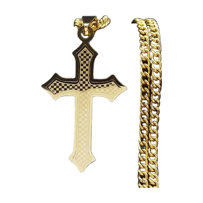 Collana con Pendente a Croce e Dettagli Lavorati, Acciaio Inossidabile