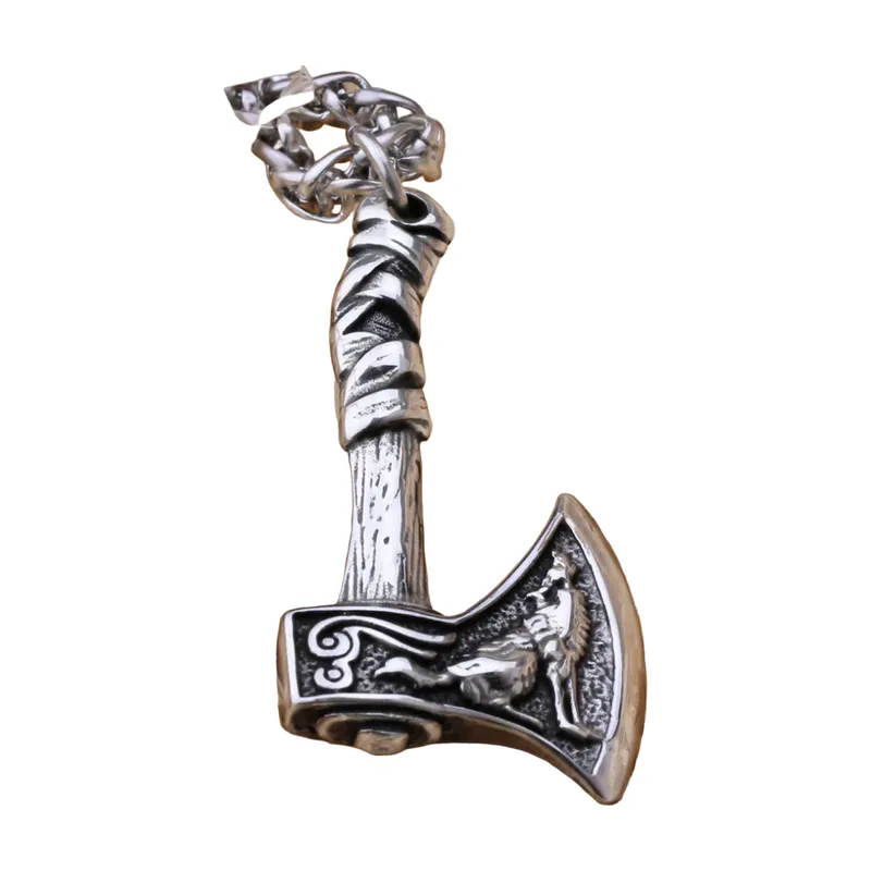 Wikinger Wolf und Axt Anhänger mit Kette, Edelstahl 316L