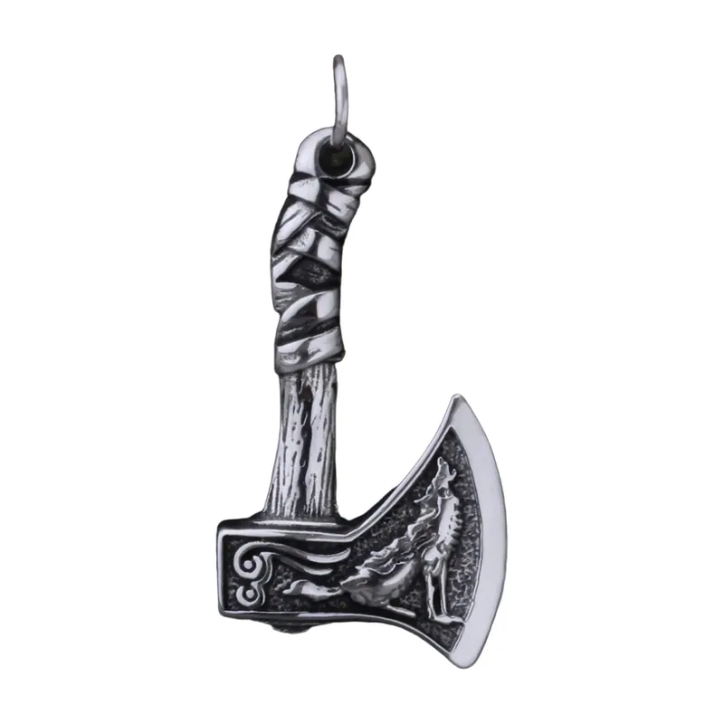 Wikinger-Axt Anhänger mit Wolf-Motiv, 316L Edelstahl
