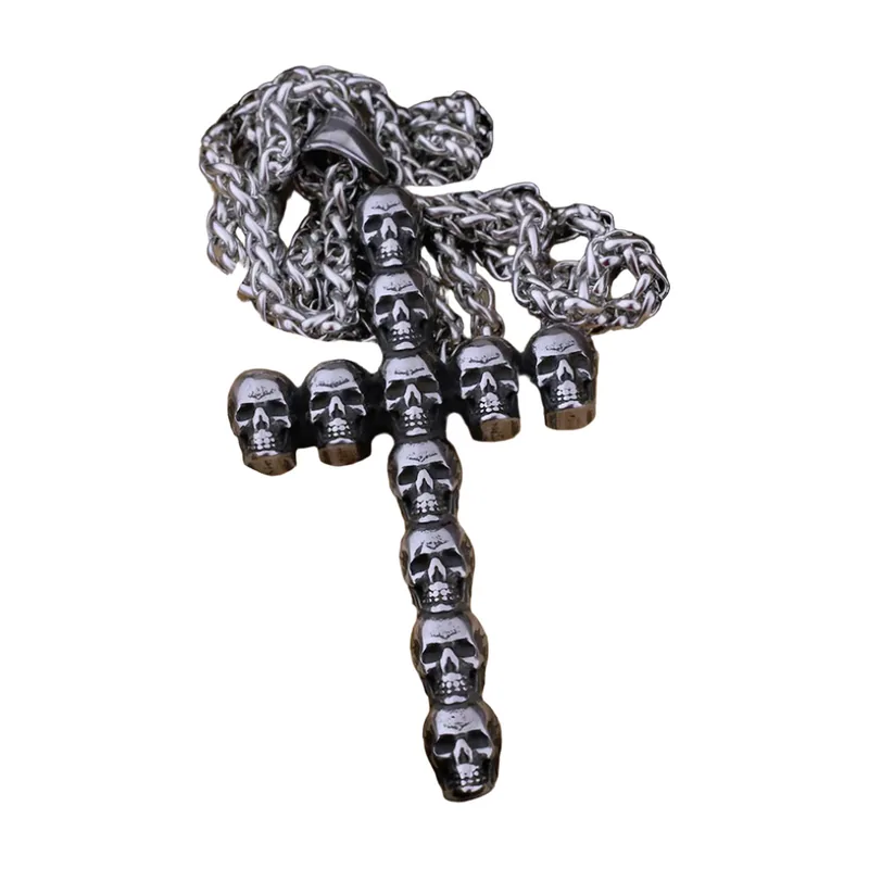 Collana Croce con Teschi e Catena Curb, Acciaio Inossidabile