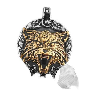 Colgante de Cabeza de Lobo con Detalles Nórdicos, Acero Inoxidable