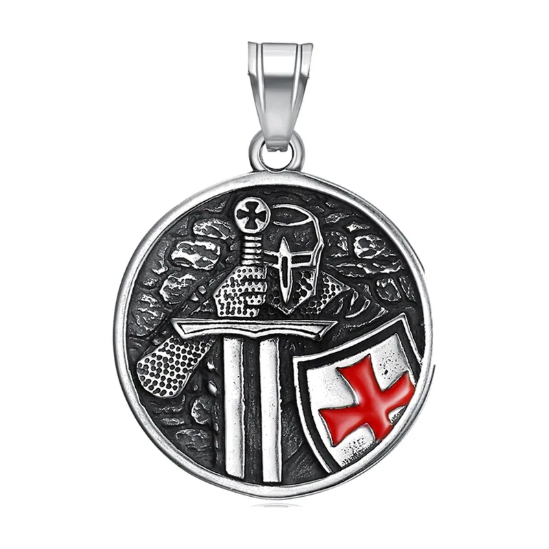 Pendente Croce Templari con Pietra Rossa, Acciaio Inossidabile