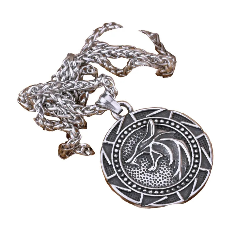 Wolf Medallion Pendant with Viking Patterns, Stainless Steel