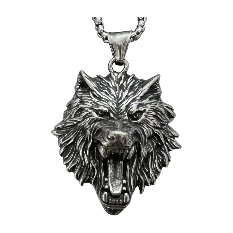 Wolfskopf-Anhänger mit Panzerkette, Edelstahl