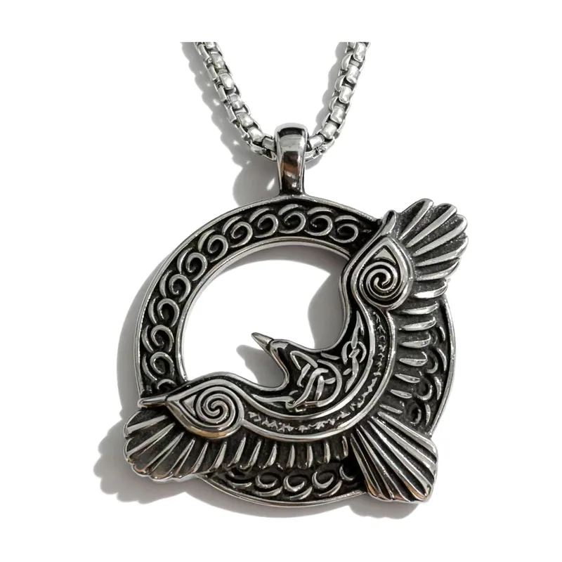 Collana con Pendente a Corvo e Cornice Circolare, Acciaio Inossidabile